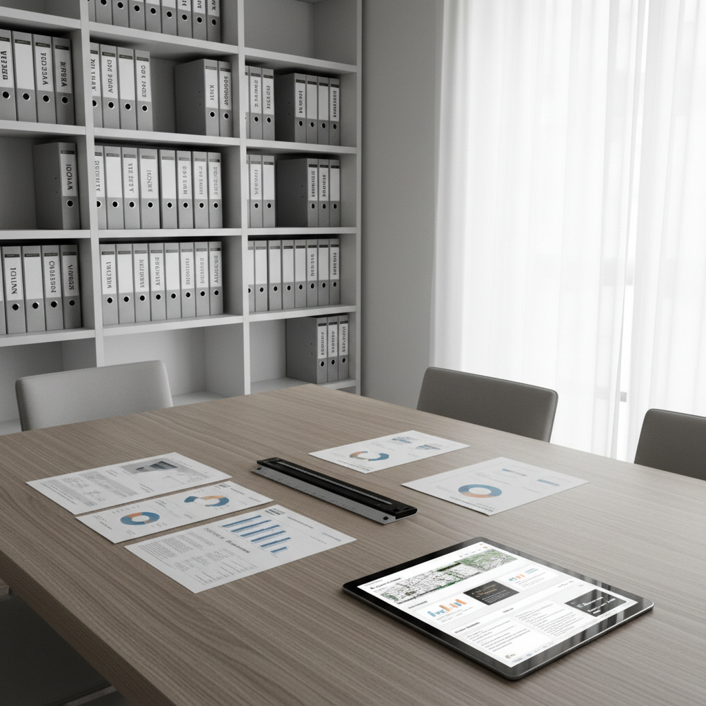 A bright, minimalist meeting corner in a Milan real estate office, centered on a rectangular oak table with a smooth, natural grain. Spread across the tabletop are printed property valuation reports, a tablet displaying a detailed neighborhood analytics dashboard, and a precise black metal scale ruler lying on a crisp blueprint. Behind, tall white bookshelves hold neatly aligned binders labeled by Milanese neighborhoods. Soft, diffused daylight enters through a sheer-curtained window, illuminating the documents and casting subtle, controlled shadows. Captured from a slightly elevated angle in photographic realism, with sharp focus and neutral tones, the scene exudes organization, methodical analysis, and high-end consultancy service.