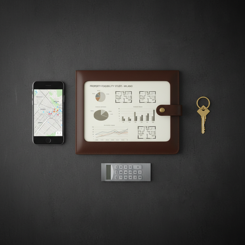 A sophisticated flat-lay composition of real estate consulting tools on a dark charcoal concrete surface, designed for a Milan property consultant. At the center lies a refined leather portfolio folder partially open to reveal a property feasibility study, with clear charts and floor plan thumbnails. Surrounding it are a sleek smartphone showing a map of central Milan, a brass keyring holding a single, modern apartment key, and a slim calculator with a metallic finish. Overhead, cool studio lighting creates soft, even illumination with delicate reflections on metal elements and mild vignetting at the edges. The photographic image, with sharp detail and a balanced, symmetrical layout, communicates precision, discretion, and premium service.